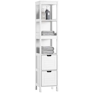 SoBuy Hochschrank FRG126, Badkommode, Schrank freistehend, Badschrank schmal schmale Säule, Badezimmerschrank mit 2 Schubladen, 3 offenen Fächern weiß