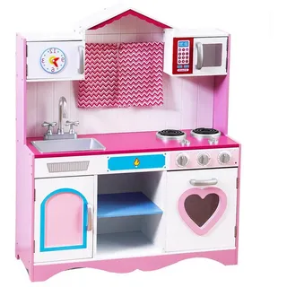 KOMFOTTEU Spielküche Kinderküche, mit Spüle Herd Backofen Mikrowelle, für Kinder ab 3 Jahren rosa