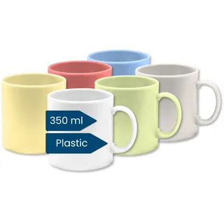 Kaffeebecher Kunststoff (6er Tassen Set, Groß, Bunt, 350ml) - Becher aus Plastik mit Henkel für Camping - Trinkbecher Kinder und Senioren (Mehrweg - BPA frei - Spülmaschinenfest - Für Mikrowelle)