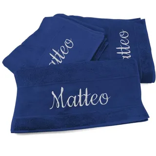 Handtücher 3er Set mit Namen oder Wunschtext bestickt - Farbe Royalblau - 3 verschiedene Größen: 180 x 100 cm, 140 x 70 cm und 100 x 50 cm, personalisiertes Duschtuch - Badehandtuch, 100% Baumwolle