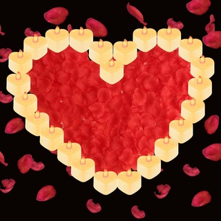 Gohytal 24 Stück Herz Form LED Teelicht Kerzen, Elektrische Flammenlose Herzförmige mit 1000 Stück Rosenblätter, Romantische Liebe LED Kerzen Künstliche Blütenblätter für Valentinstag Hochzeit Deko