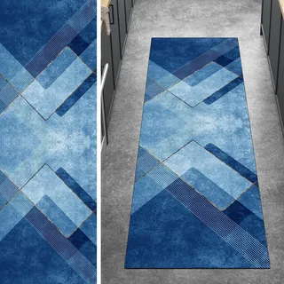 Ymural Teppich Läufer Flur rutschfest Küche 60x150CM Blau Kücheläufer Teppichläufer Lang Modern Meterware Kurzflor Polyester Korridor Schlafzimmer Anpassbar