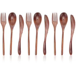 9pcs Japanische Naturholz Geschirr Sets, Besteck Set Vintage Holz Besteck Wiederverwendbare Holzdinnerutensilien Für Haus Cafe Restaurant Camping, Reisen