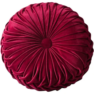 Bprtcra Rundes Kissen aus Samt, rundes Kissen, plissiert, gepolstert, aus Samt, handgefertigt, für Haus, Sofa, Stuhl, Bett, Auto, 35 cm (Bordeaux)