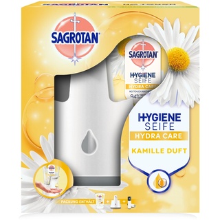 Sagrotan No-Touch Automatischer Seifenspender Weiß – Inkl. Sagrotan Nachfüller Lotusblüte und Kamille – 1 x 250 ml Flüssigseife