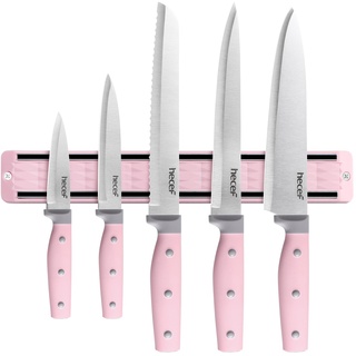 hecef Messer Magnetleiste mit 5 Teilig Scharfe Küchenmesser Set, 33 cm Messerhalter Magnetisch mit Edelstahl Messer Set, Magnet für Messer (Rosa)