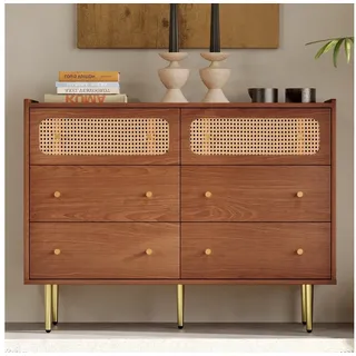 Flieks Kommode, Sideboard mit 6 Schubladen Rattan Nussbaum 120x40x90cm beige