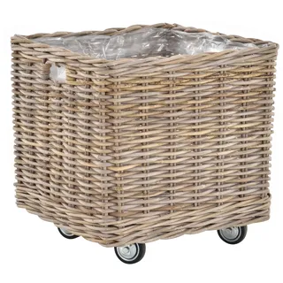 Korb-Outlet Großer Pflanzkorb Rattan grau XXL Pflanzkübel Blumentopf mit Rollen Rollkorb Rattankorb (Grau Natur, Eckig klein)