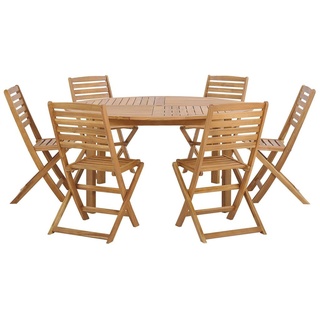 Gartenmöbel Set Braun Akazienholz runder Tisch 150 cm mit 6 klappbaren Stühlen Landhaus Stil Terrasse Balkon Garten Möbel