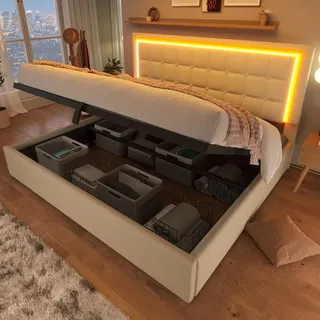 Flieks Polsterbett 180x200cm mit Lattenrost und Stauraum, Boxspringbett mit Led Bettgestell, Doppelbett Stauraumbett Funktionsbett Kunstleder, Weiß - Weiß
