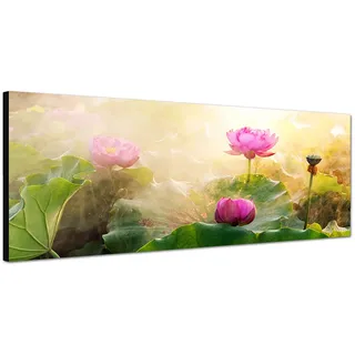 Wandbild auf Leinwand ( Leinwandbild ) als Panorama in 120x40 cm Lotusblume Lotos oder Lotus (Nelumbo) am blühen. Blumen aus Asien. Güne Lotusblätter. Wasserpflanzen