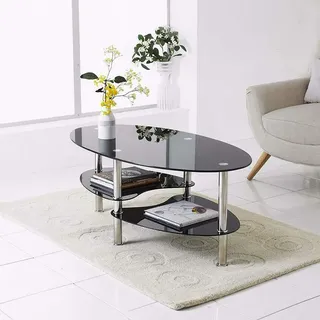 Einfacher und eleganter Couchtisch aus gehärtetem Glas, Couchtisch im Wohnzimmer mit Metallbeinen, Ovale Wohnzimmertisch mit 2 Regalen 90 * 50 * 43 cm (Schwarz)