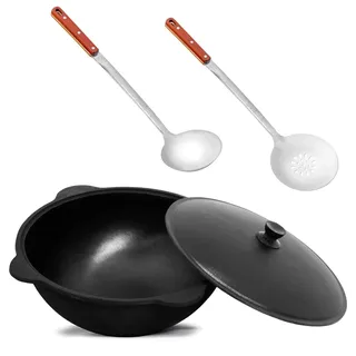 Original Usbekischer Kasan 8 L aus Gusseisen mit Aluminium-Deckel – Namangan Schwenktopf Dutch Oven Feuertopf für Camping Outdoor inkl. Schöpfkelle Schaumlöffel