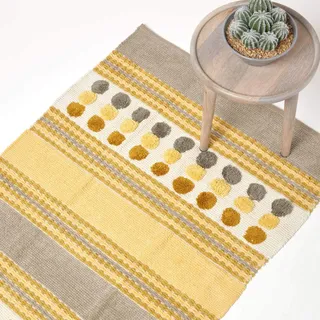Homescapes Chenille Bettumrandung 60 x 100 cm Gelb/Grau/Creme gestreift mit Kreisen