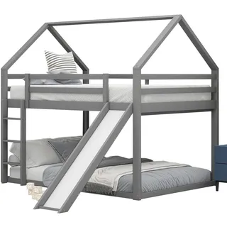 Etagenbett mit 2 Schlafgelegenheiten, Lattenrost, Leiter und Rutsche, 140x200 cm, Holzbett aus Kiefer, Kinderbett inkl. Rausfallschutz, Hochbett, H... - Grau