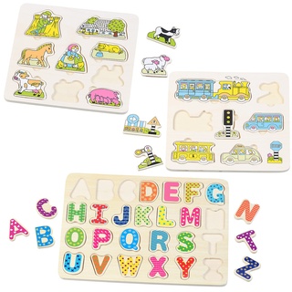 3er-Set bunte Kinder-Puzzles aus Holz: Buchstaben, Bauernhof & Verkehr