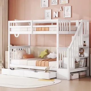 Kinderbett Etagenbett 90x200cm (Ohne Matratze) Treppenregal ausgestattet hohe Geländer weiß Elegantes Design mit zwei Schubladen - Weiß