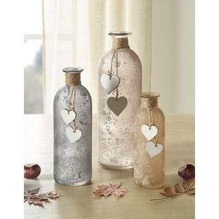 3er Set Deko-Vase Flasche aus satiniertem Glas, Blumenvase verziert mit kleinen Holz-Herzen, Glasvase in Grau- und Erdtönen, Vasenset, Flaschenvase