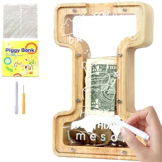 Lakpopya Spardose Kinder Buchstaben aus Holz für A-Z Personalisiert Sparschwein Durchsichtig Alphabet Sparbox, Geschenk Dekoration Taufe für Jungen Mädchen (I)