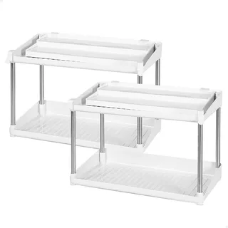 AKTIVE Max Home 2er-Pack Gewürz-Organizer mit zwei Höhen, mit herausnehmbarem Tablett, 37,5 x 19 x 25,5 cm, Weiß und Grau, Haken vorne, Gewürzregal, kleiner Küchendosen-Organizer (16555)