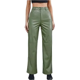 ZNJAMN DüNne Lederhose FüR Damen 1pc Frauen PU Leder Hosen Einfarbig Hohe Taille Gerade Straße Casual Hose FüR Ausgehen, Partys Und Freizeit(Green,L) - L