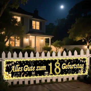 Seutgjie 18. Geburtstag Deko Geburtstagsbanner mit LED Licht 40 * 270CM | Banner 18 Geburtstag Junge Mädchen Hintergrund Dekoration Gold Schwarz