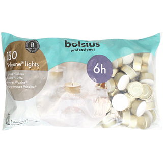 Teelichter in Aluminiumhülle, Waxine-Lichte, weiß, BOLSIUS, 18/38 mm, Brenndauer ca. 6h, Beutel mit 150 Stück