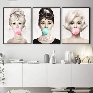 HMOTR Poster und Kunstdrucke Leinwandbild Audrey Hepburn Marilyn Monroe Kaugummi Wandkunst Poster Moderne Kunst Wandbild Woman Home Decor-50x70cmx3pcs_No_Frame