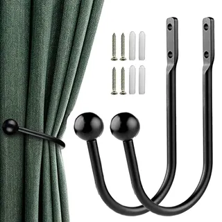 BSITSSS 2 Stück Gardinenhalter Wand, Metall Vorhang Raffhalter Schwarz Vorhanghalter Wand, U-förmige Vorhang Halter, Halter Raffhalter für Gardinen Curtain Holder für Fensterbehandlung(2 Schwarz)