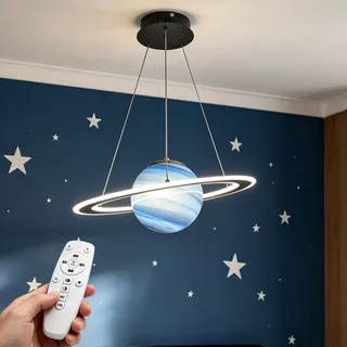 Moddeny LED Pendelleuchte Kinderzimmer, Planeten Lampe, Dimmbar, Blau | 3 Lichtfarben (3000/4000/6500 K), 10–100 % dimmbar per Fernbedienung, Ø 48 cm, 120 cm verstellbares Kabel