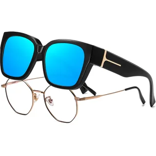 KANASTAL Übergröße Überzieh Sonnenbrille Herren und Damen Polarisiert Überbrille Sonnenbrille für Brillenträger UV400 Schutz, Glänzend Schwarz Rahmen Blau Verspiegelte Gläser - L