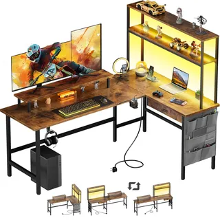 HLONONE Gaming Tisch L Form mit LED & Steckdose, 150 x 100 cm Reversibel