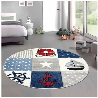 Carpetia Kinderteppich Verspieltes Motivdesign, rund, Höhe: 15 mm, pflegeleicht, strapazierfähig, handgearbeiteter Konturenschnitt blau rund | 120 cm x 120 cm x 15 mm