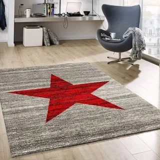 Vimoda Rot Trendiger Kurzflor Teppich, Sternmuster jugenzimmer Grau Plegeleicht, Maße:80x250 cm