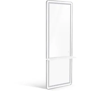 Barberpub Wandspiegel mit Beleuchtung, Ganzkörperspiegel mit Aluminiumrahmen, Großer Spiegel mit Ablage, Touch-Schalter, 3 Lichtfarben Dimmbar, für Friseursalon, 17x65x177 cm, J6271 (Weiß-Silber)