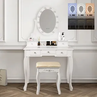 ML-Design Schminktisch Weiß mit LED-Beleuchtung, Frisiertisch mit Spiegel, Hocker und 5 Schubladen, 80x129x40 cm, Landhausstil, Kosmetiktisch mit Glühbirnen, Frisierkommode aus MDF Holz, Make-up Tisch