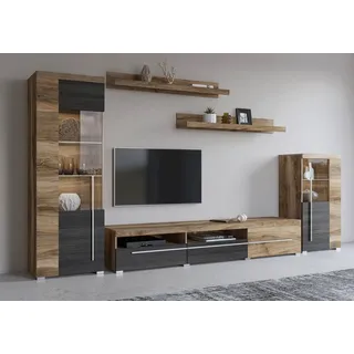 OTTO home Wohnwand Roger,Breite 270 cm moderne Mediawand ohne Beleuchtung, (Set, 5-St), Anbuwand (Set,5-St) viel Stauraum, Vitrinen mit Glastür braun