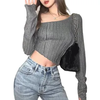 shownicer Damen Rückenfrei T-Shirt Y2K Langarm Crop Top Sexy Rücken Oberteile Y2K Party Cropped Tee Shirts Teenage Aesthetic Mädchen Outfits Rundhals Langarmshirt Streetwear