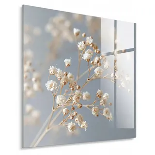 STYLER Glasbild 30x30 cm Airy Blossoms weiße Blumen Boho Wanddekoration Wohnzimmer Schlafzimmer Küche