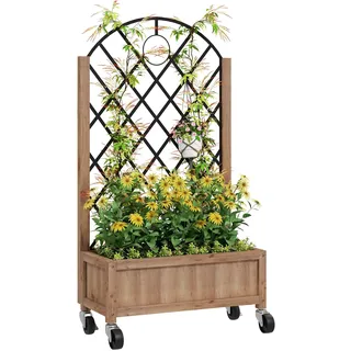 Outsunny Hochbeet mit Metall Rankgitter, Holz Erhöhter Pflanzkasten mit Rollen und Drainagelöchern, Outdoor Hochbeet für Kletterpflanzen, Obst, Gemüse, Blumen, Braun