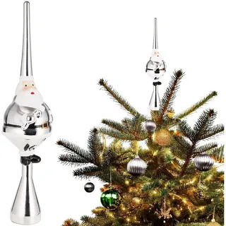 Brubaker Weihnachtsbaumspitze Dicker Santa - Christbaumspitze glänzend - 35 cm große Baumspitze Weihnachtsmann - Weihnachtsbaum Spitze - Tannenbaum Deko Weihnachten - Tannenbaumspitze - Silber