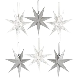 BRUBAKER 6 Papier Sterne Weihnachten - Weihnachtsstern Deko Set - 20 cm Faltsterne Silber Weiß - Großer Baumschmuck Papiersterne - Christbaumschmuck - Weihnachtsbaum und Fenster Dekoration