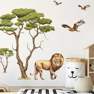 Wandtattoo Kinderzimmer Savanne mit Bäumen Löwe und Vögeln Dekoration Babyzimmer Tiere Natur