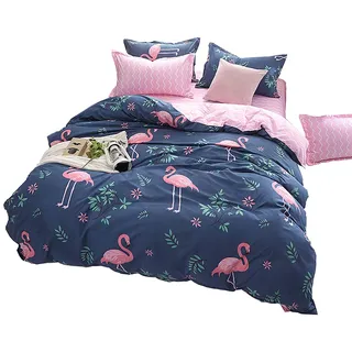Loussiesd Flamingo Bettwäsche Set Blau & Rosa Bettbezug mit 1 Kissenbezug 2 teilig 155x220cm+80x80cm Weiche Atmungsaktive Polyster Betten Set mit Reißverschluss, Tropische Flamingo