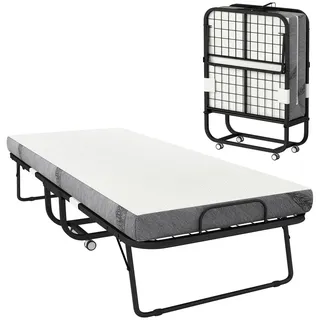 Gästebett klappbar mit 10 cm Schaumstoff, Klappbett 80x200 cm, Rollenbett, mobil, Weiß-Schwarz | platzsparend | Stahlrahmen | bis 150 kg