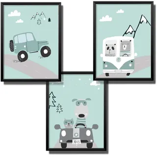 Kindsblick®️ 3er Set Poster für Kinderzimmer - DIN A4 Kinderposter für Jungen & Mädchen - Motiv: Tolle Autos - Mintgrün - Wunderschöne Deko für jedes Kinderzimmer