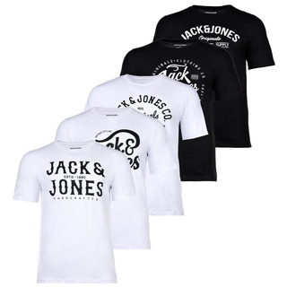 JACK&JONES Herren T-Shirt, 5er Pack - JJLEOGRA TEE CREW NECK, Kurzarm, Rundhals, Baumwolle, Logo-Print Weiß/Schwarz L