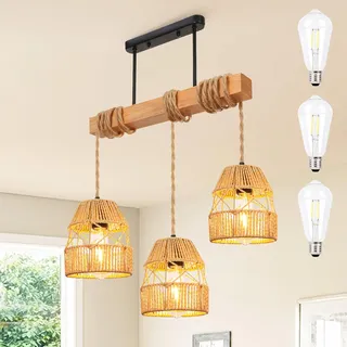 Rosnek Rattan Pendelleuchte Esstisch 3- Flammig mit 3 E27 Birnen, Höhenverstellbare Hängelampe Holz & Rattan für Kücheninsel Esszimmer Wohnzimmer, Vintage Boho Landhaus Design