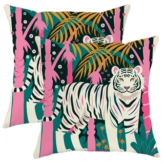 Kissenbezüge mit tropischem Dschungel, leuchtender pfirsichfarbener und grüner Tiger-Druck, dekorative quadratische Outdoor-Kissen für Zuhause, Sofa, Bett, Couch, 50,8 x 50,8 cm, 2 Stück