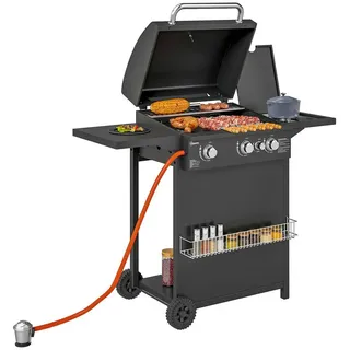 Outsunny Gasgrill 9,5 KW Grillwagen inkl 4 Brenner Seitenkocher Rolle Deckel - Schwarz